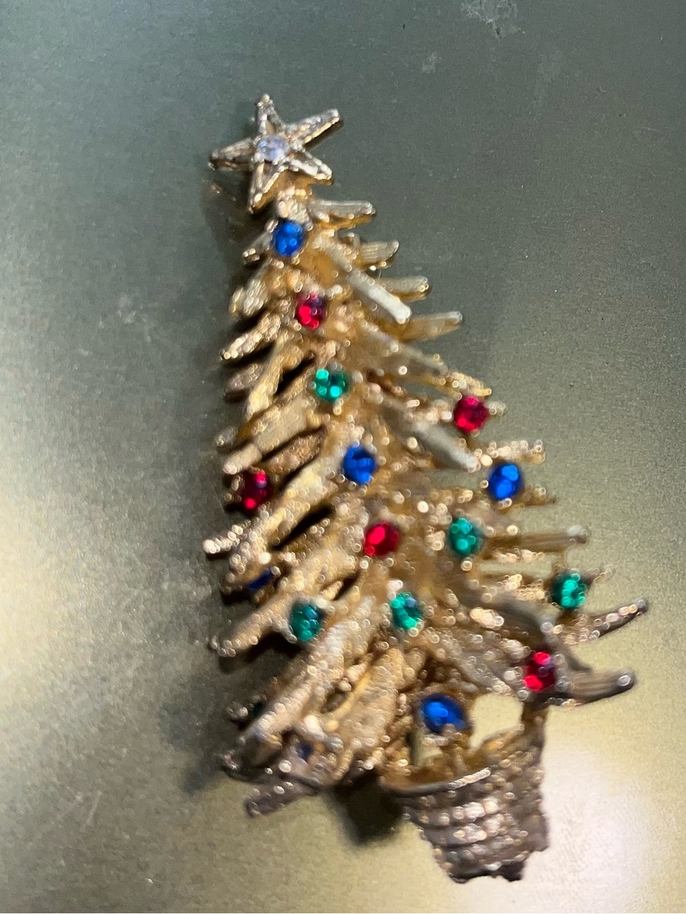 Festive Gold Christmas Tree Ornament Pin with Red, Blue & Green Accents